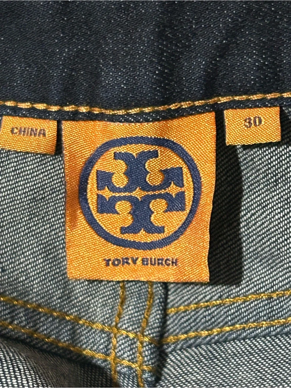 Tory Burch Straight Leg Jeans Dark Wash Denim w/ Leather Logo Patch - Size 30
